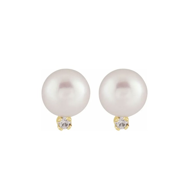 Gold | Cultured White Akoya Pearl & .02 CTW Natural Diamond Earrings